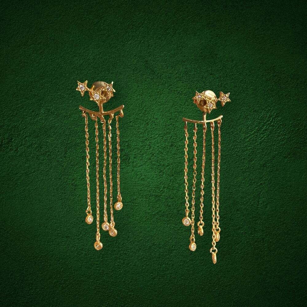 925 Sterling Silver Gold Tone Star CZ Front Back Tassel Dangle Earrings